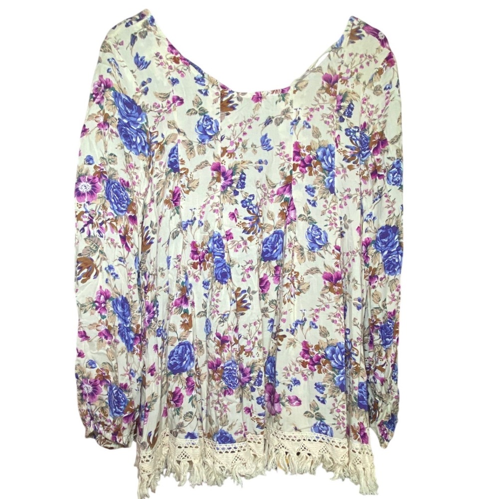 Entro Floral Boho Blouse Purple Blue Lace Fringe Trim Top T3840‎ Large New